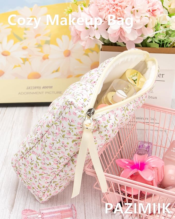 3PCS Makeup Bag SET Large Travel Quilted Zipper Soft Cosmetic Case Pouch for Women Girls Make Up,Floral Pink