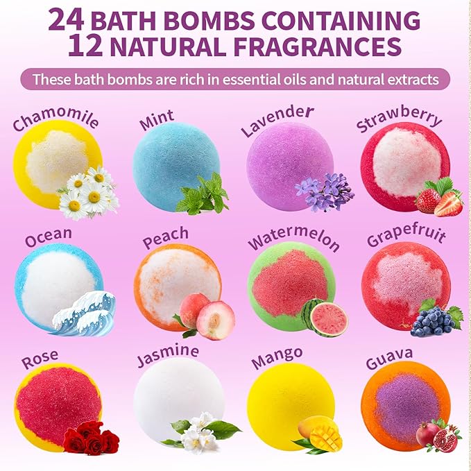 Bath Bombs Birthday Gift for Women Mom Her Daughter Wife Set, 24-Pack Aromatherapy Bubble Bath, Handmade Natural & Organic, Spa Relaxing Birthday Gifts for Men, Amazing Present for Kids