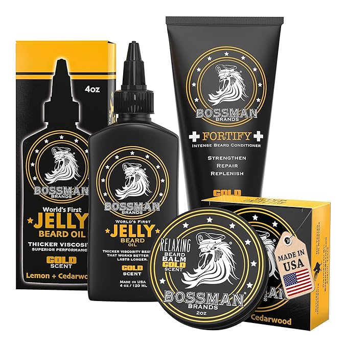 Bossman Essentials Beard Kit for Men - Beard Oil Jelly, Fortifying Conditioner Cream, Beard Balm - Grooming Growth Care Accessories (Gold)