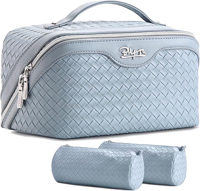 BOYATU Travel Makeup Bags for Women: Large Makeup Organizer - PU Leather Make up Bag Set of 3 - Portable Toiletry Bag with Compartments & Handle & Divider (L04 Light Blue)