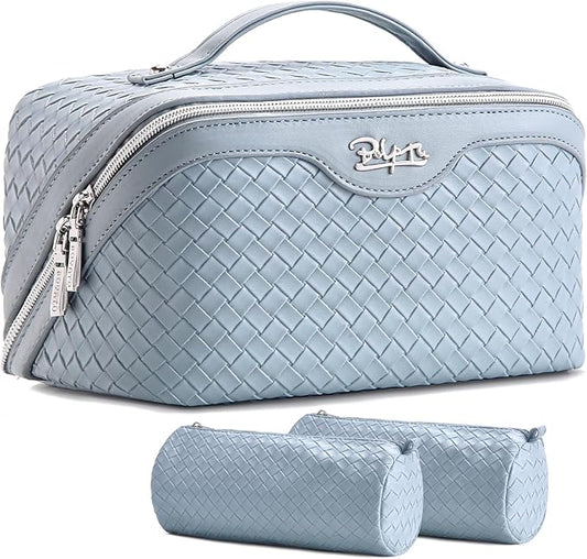 BOYATU Travel Makeup Bags for Women: Large Makeup Organizer - PU Leather Make up Bag Set of 3 - Portable Toiletry Bag with Compartments & Handle & Divider (L04 Light Blue)