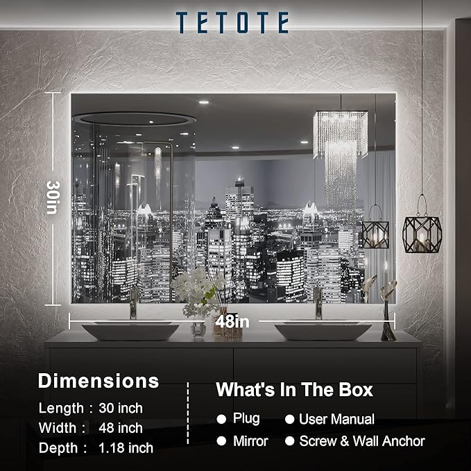 TETOTE 48 x 30 Inch LED Mirror Backlit Bathroom,Anti-Fog Mirror with Light,Dimmable,CRI90+,IP54 Water Proof,Wall Mounted Vanity Lighted Mirror,Horizontal/Vertical