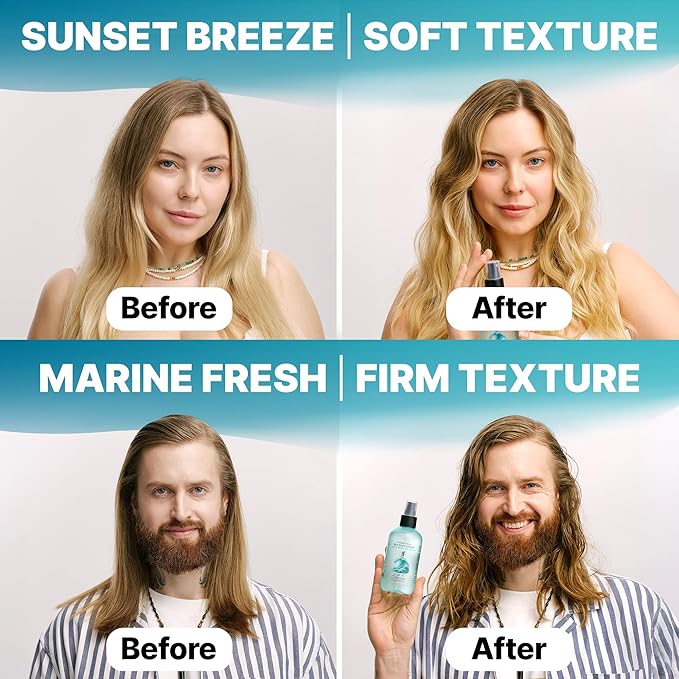 2-in-1 Texturizing Sea Salt Spray for Men, Women - Beach Waves & Curly Hair Spray Extra Hold, Low-Shine - Hair Volumizer for Fine Hair - Travel Hairspray for Women & Men - 16 Fl Oz, 2 Pack