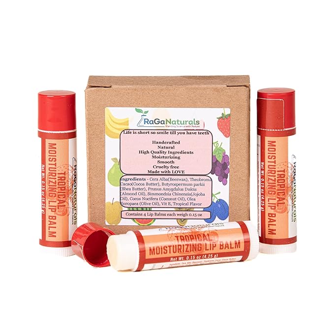 All Natural Tropical Moisturizing Lip Balm, Nourishing Lip Care For All Day Hydration, 100% Natural, Handmade with Love in USA, SuperFruit - Berries, Mango, Grapefruit (4 Pack)