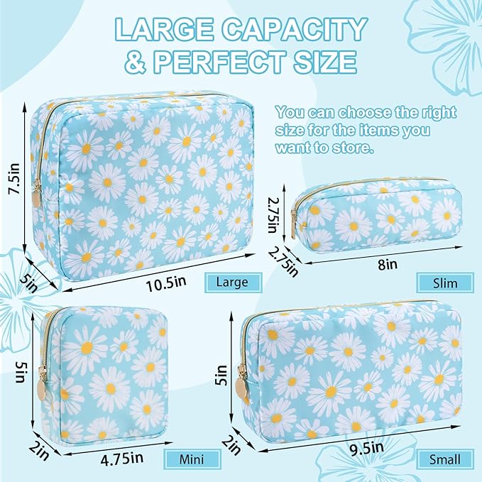 Waterproof Small Floral Pencil Case Makeup Bag for Purse,Cute Flower Pencil Pouch Preppy Nylon Makeup Brush Holder with Zipper,Girls Portable Storage Case Small Pen Bag for Work(Slim Blue-Daisy)