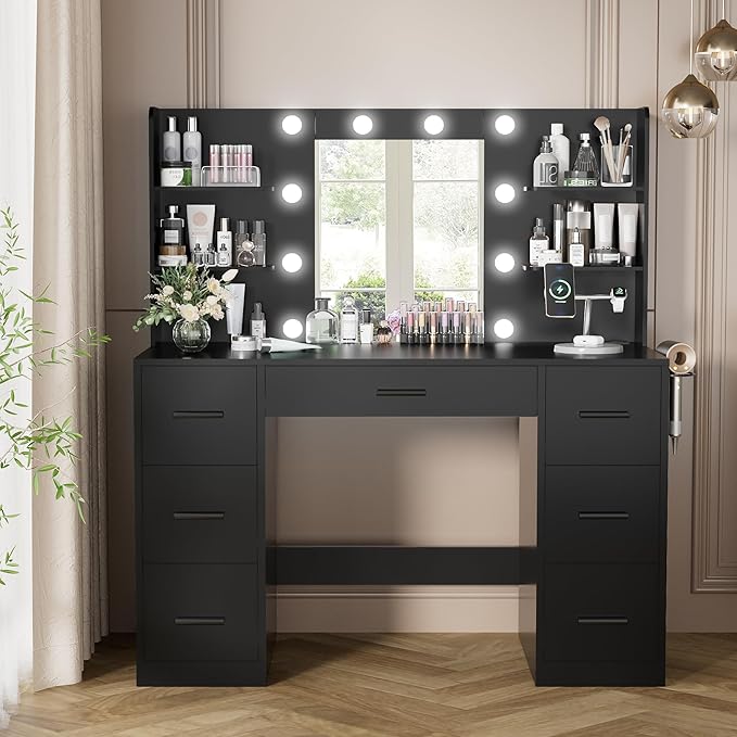 YESHOMY Vanity Desk with Mirror, Power Outlet and 10 Lights, Makeup Table with 7 Drawers, 3 Color Modes Available for Bedroom, Dark Black