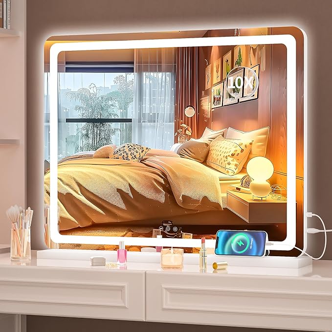 Hasipu Vanity Mirror with Lights, 22.8" x 18" LED Makeup Mirror, Lighted Makeup Mirror with Dimmable 3 Modes, Touch Screen Control Vanity Mirror Round White