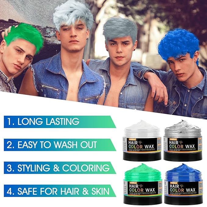 4oz Temporary Hair Color Wax for Men Women Kids Daily Party Cosplay Halloween DIY Washable Hair Wax Color Natural Instant Hair Paint Wax (White&Gray&Green&Blue, 5pcs)