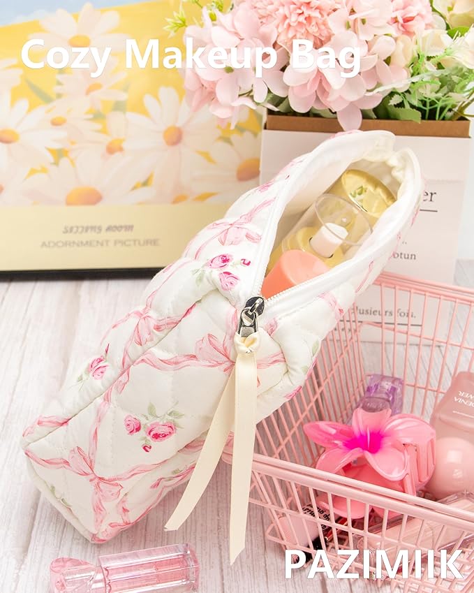 PAZIMIIK Quilted Makeup Bag Large Travel Zipper Soft Cosmetic Pouch for Women Girls Make Up,Bow Rose