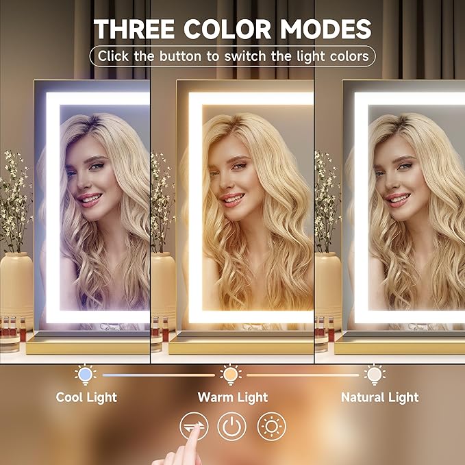 Hasipu Vanity Mirror with Lights, 32" x 20" LED Makeup Mirror, Lighted Makeup Mirror with Dimmable 3 Modes, Touch Screen Control Vanity Mirror Square Gold