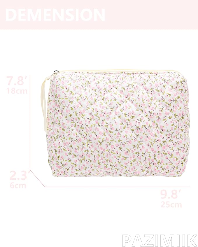 Quilted Makeup Bag Large Travel Zipper Soft Cosmetic Pouch for Women Girls Make Up,Floral Pink