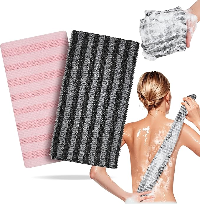 Exfoliating Washcloth Shower Towel - 2 Pack Back and Body Scrubbers for Smooth Skin | Quick-Drying, Durable, and Gentle for Sensitive Skin (Black+Pink)