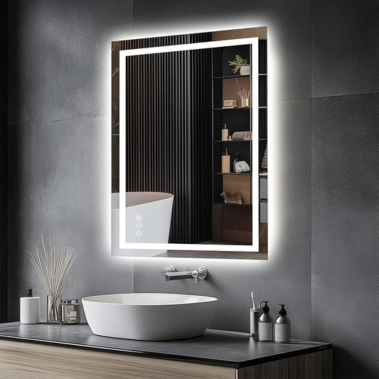 Amorho LED Mirror for Bathroom 28X20 Inch with Backlight and Front Lit, Fogless Mirror for Wall Mounted, Dimmable, 3 Colors, Memory