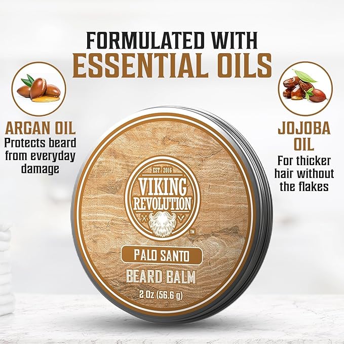 Viking Revolution Palo Santo Beard Balm for Men - Beards Butter for Men with Argan Oil and Jojoba Oil - Beard Softener and Moisturizer for Mens Beards Styling Balm (1 Pack, 2oz)