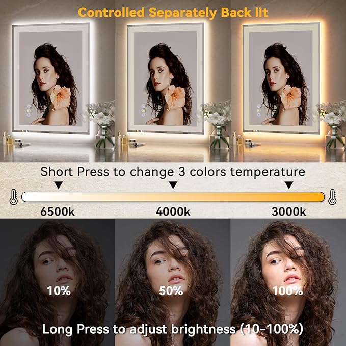 24"x 36" LED Bathroom Mirror with Front and Backlit, Wall Vanity Mirror with Lights, Controlled Separately LED Mirror for Bathroom, 3 Colors, Tempered Glass, Shatterproof, Anti-Fog, Memory(UL ETL)