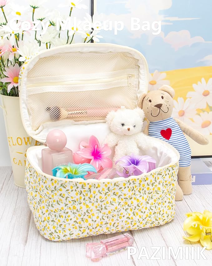 PAZIMIIK Quilted Makeup Bag Large Travel Zipper Soft Cosmetic Case for Women Girls Make Up,Floral Yellow