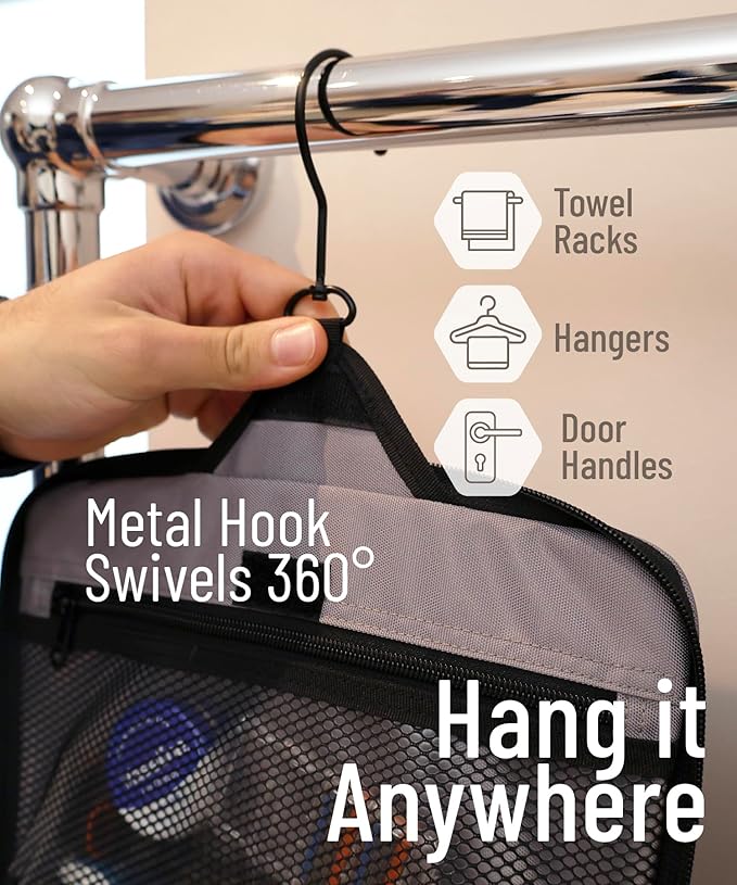 D&D Hanging Travel Toiletry Bag for Men and Women – Large Cosmetics, Makeup and Toiletries Organizer Kit with 10 Compartments, YKK Zippers, XXL Metal Swivel Hook, Water-Resistant Nylon