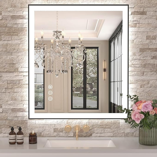 Amorho 28"x 32" LED Bathroom Mirror with Black Frame, Front Light and Backlit(Controlled Separately), Stepless Dimmable, Anti-Fog, Shatter-Proof, 3 Colors, Memory