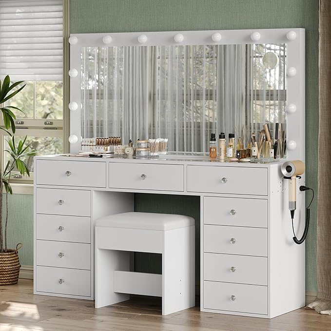 11 Drawers Makeup Vanity with Charging Station, Vanity Desk with 13 LED Bulbs and HD Mirror, 3 Color Brightness Adjustable, Glass Top Vanity Set for Bedroom, White
