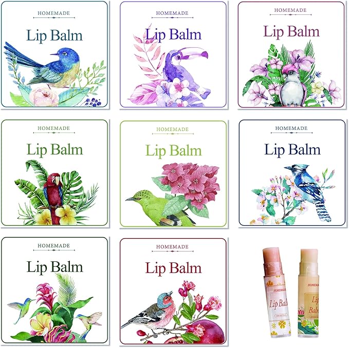 CRASPIRE Lip Balm Labels 80pcs Homemade Lip Balm Labels 2” Clear Lip Balm Labels for Tubes Printable Waterproof Lip Balm Stickers Labels for Lip Balm Handcream Candle Container（Flowers and Birds）