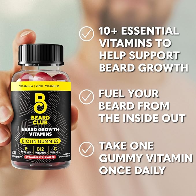 The Beard Club Biotin Beard Growth Vitamin Gummies - Hair Supplement for Men - Vitamins B12, E, & C to Support a Thicker Fuller Looking Facial Hair - Strawberry Gummy