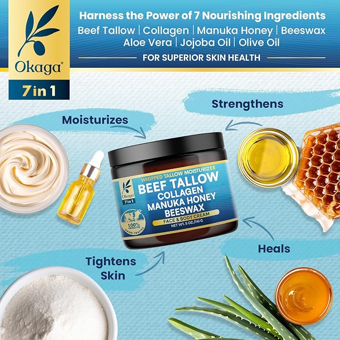 Organic Beef Tallow for Skin, Organic Grass-Fed Beef Tallow Balm with Manuka Honey, Aloe Vera, Jojoba Oil, Collagen & Beeswax, Olive Oil, Moisturizer for Dry Skin, Nourishes Face, Body & Lips (2 Pack)