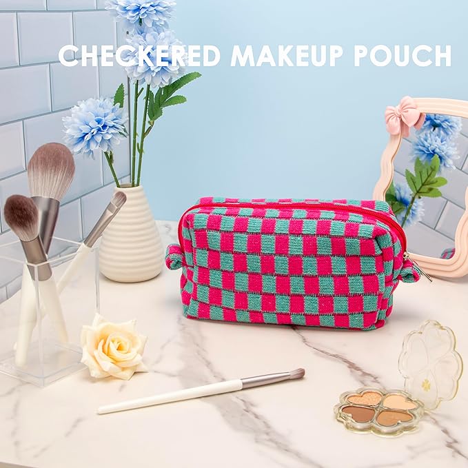 PAZIMIIK Checkered Makeup Bag for Purse Portable Zipper Make Up Pouch Small Cosmetic Case for Travel Accessories (6PCS Magenta Green)