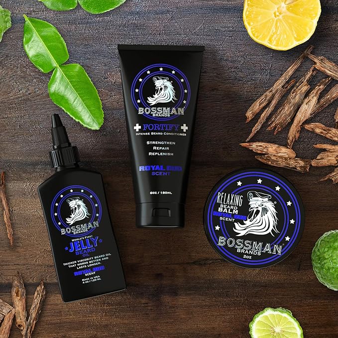 Bossman Essentials Beard Kit for Men, Set of 3 - Beard Oil Jelly, Fortifying Conditioner Cream, Beard Balm - Grooming Growth Care Accessories (Royal Oud)
