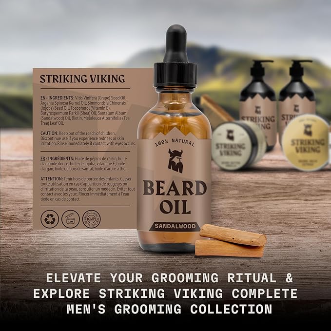 Striking Viking Sandalwood Beard Oil for Men - 2 Fl Oz, Sandalwood Scent - Natural Hydrating & Softening Beard Care with Argan, Jojoba, Almond & Tea Tree - Non-Greasy, Fast-Absorbing Formula