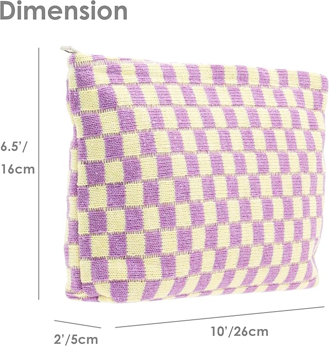 PAZIMIIK Knitted Checkered Makeup Bag Large Zipper Make Up Accessory Pouch for Purse Cosmetic Brush Bag for Travel Essential,Purple