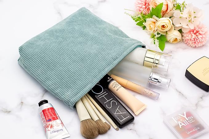 PAZIMIIK Makeup Bag Large Zipper Corduroy Make Up Pouch for Purse Travel Canvas Cosmetic Organizer for Women Brush Storage,Blue