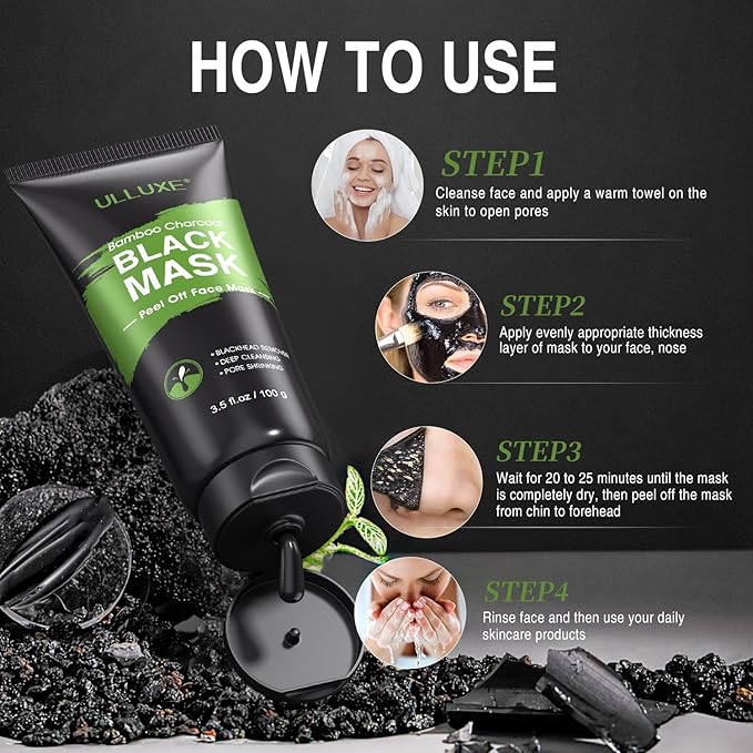 Blackhead Remover Mask Kit, Charcoal Peel Off Mask for Face Nose Blackheads Acne and Deep Pores Cleansing, Black Face Mask Peel, Charcoal Mask with Brush and Pimple Extractors, (3.5 Fl.oz)