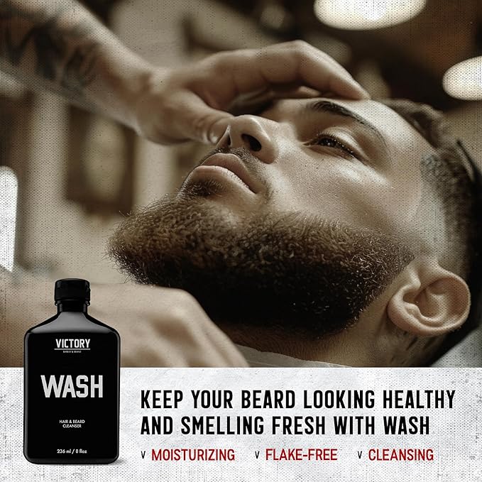 Victory Barber & Brand Beard Wash - Made in USA, Men's All-in-One Shampoo and Conditioner, Hydrating, Smoothening, Softening, 8.4 Fl Oz