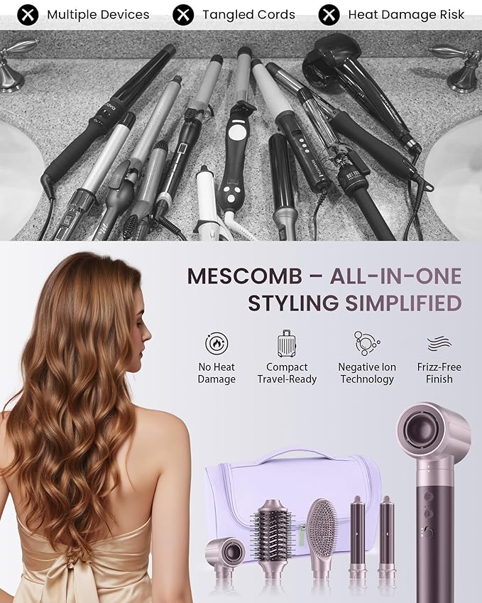 Dual Voltage Hair Dryer Brush for Travel – 5 in 1 Air Styler with High-Speed Blow Dryer, Ionic Anti-Frizz, Compact Design with Travel Bag, Ideal for Europe & Worldwide Use (100V–240V)