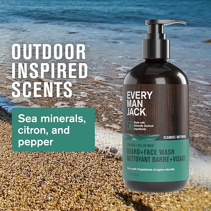 Every Man Jack Beard + Face Wash - Subtle Sea Salt Fragrance - Deep Cleans, Conditions, and Softens Your Beard and Skin Underneath - Naturally Derived with Coconut Oil, Glycerin, and Coconut - 6.7-fl oz (2 Pack)