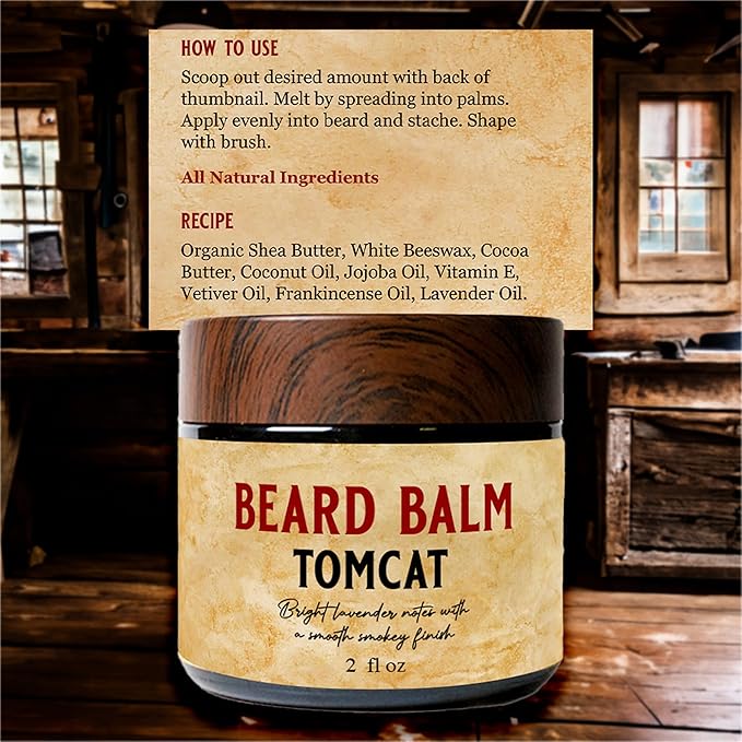 Whiskey & Granite Beard Balm – Made in USA - 100% Natural, Scented Beard Styling Balm for Men, 2 oz (Tomcat)