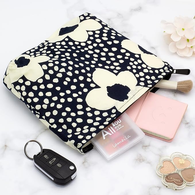 PAZIMIIK Floral Makeup Bag Large Cotton Zipper Pouch for Purse Travel Canvas Make Up Organizer for Women Cosmetic,Floral Navy Blue