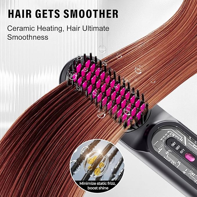 Cordless Hair Straightener Brush for Women - HFcoupe Electric Hot Comb Rechargeable Travel Portable Thermal Brush, Fast Heat Mini Straightening Tools with Ionic, Salon Smooth Styles Anywhere Black