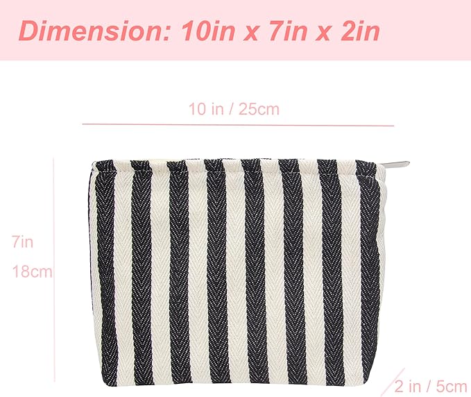 PAZIMIIK Makeup Bag Large Cotton Zipper Pouch for Purse Travel Canvas Make Up Organizer for Women Cosmetic,Stripe Black White