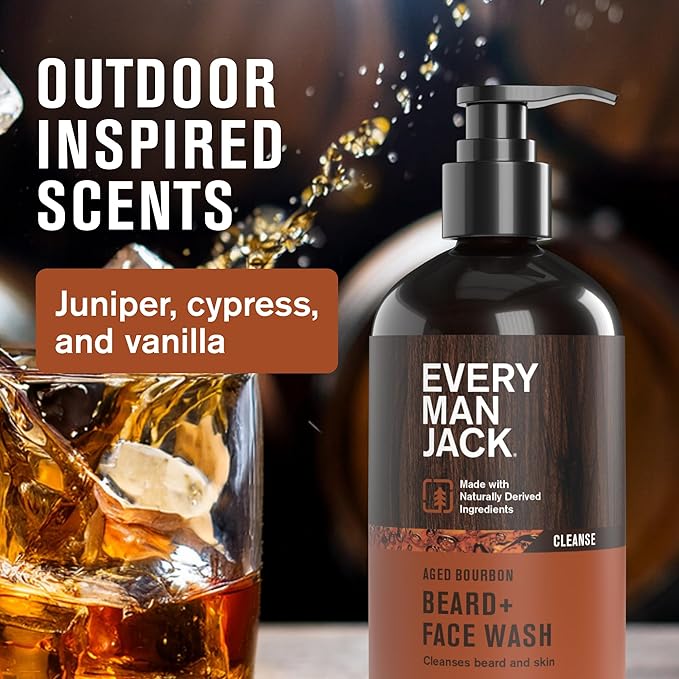 Every Man Jack Mens Aged Bourbon Beard Set - Five Full-Sized Grooming Essentials For a Complete Routine - Beard + Face Wash, Beard + Face Lotion, Hydrating Beard Oil, Beard Butter, and Beard Comb