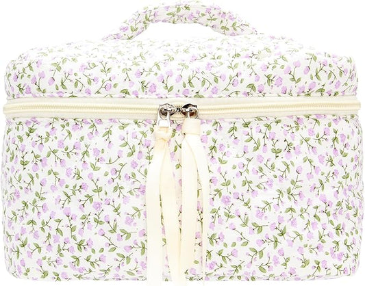 PAZIMIIK Quilted Makeup Bag Large Travel Zipper Soft Cosmetic Case for Women Girls Make Up,Floral Purple