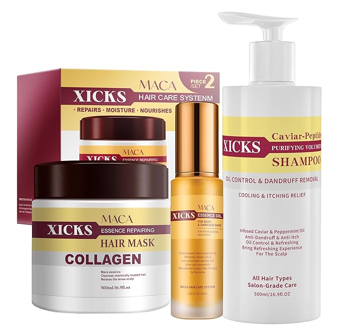 Professional Hair Treatment Set with Caviar Peptide Volumizing Shampoo, Maca Collagen Repair Mask and Maca Essence Oil -Dandruff Treatment，Controls Oil, Soothes Scalp for Dry Damaged All Hair Types