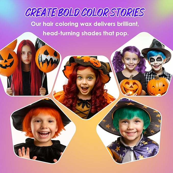6 Colors Hair Color Wax - Green Purple Orange Pink Red Blue Washable Halloween Temporary Hair Color for Kids, Men & Women | Non-Sticky Temporary Hair Dye Wax for Cosplay, Parties & Daily Fun (4 OZ)