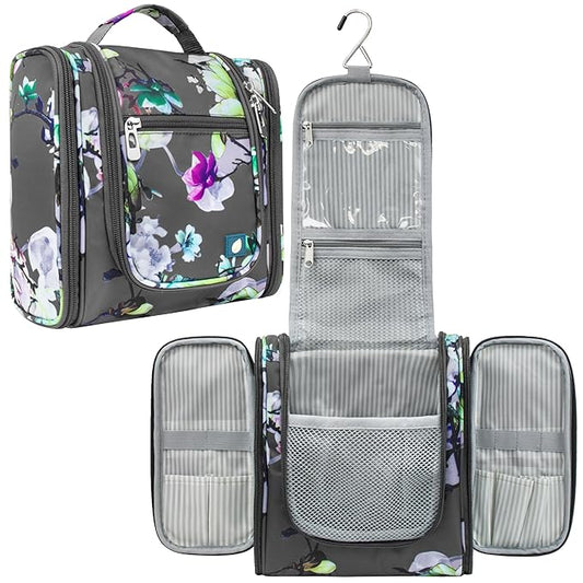 PAVILIA Toiletry Bag Travel Bag for Women Men, Hanging Cosmetic Organizer, Water Resistant Makeup Bag for Accessories Toiletries, Large Travel Essentials Kit (Floral Grey)