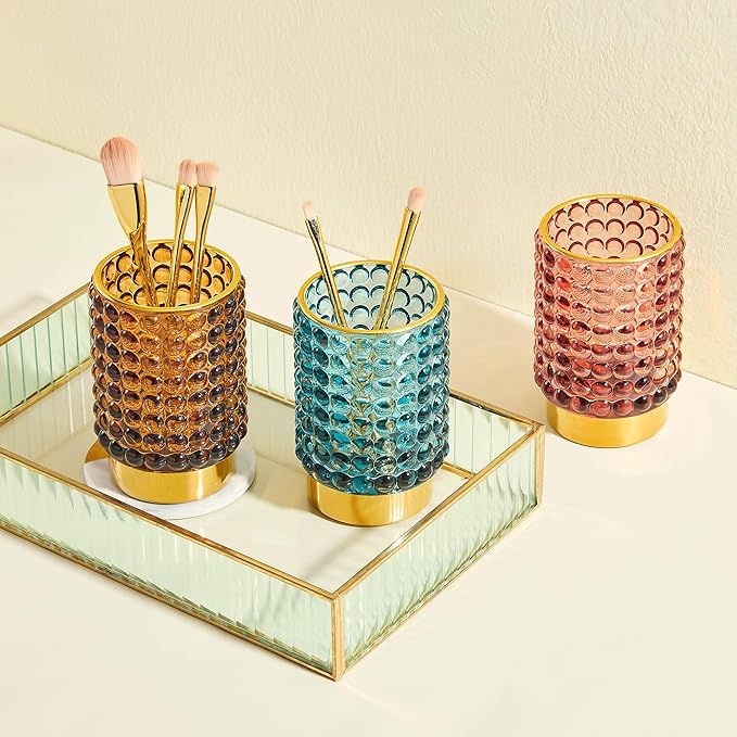 Makeup Brush Holder Organizer,Toothbrush Holders,Desk Pen Pencil Holder,Multifunctional Vintage Glass Brush Cup(A38-7-US/Blue/L)