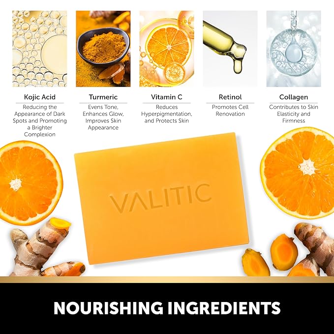 VALITIC 4 Pack Kojic Acid Vitamin C & Retinol Soap Bars for Dark Spot & A Pair Of Turquoise Exfoliating Gloves for Body Scrubs