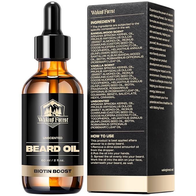 Waking Forest Beard Oil - Biotin Beard Oil for Men Thicker Beard with Vitamin E, Rosemary, Castor Mustache Oil for Black Men, Softens & Strengthens Beard Care Oil (Unscented, 2oz)
