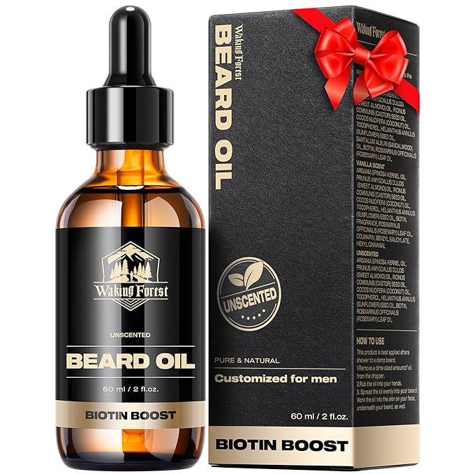 Waking Forest Beard Oil - Biotin Beard Oil for Men Thicker Beard with Vitamin E, Rosemary, Castor Mustache Oil for Black Men, Softens & Strengthens Beard Care Oil (Unscented, 2oz)