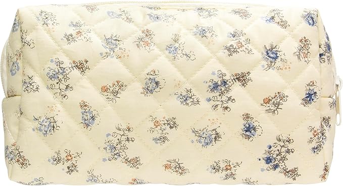 PAZIMIIK Vintage Quilted Makeup Bag Cosmetic Pouch for Brushes Pencils and Travel Make Up Accessories for Women and Girls Floral Blue