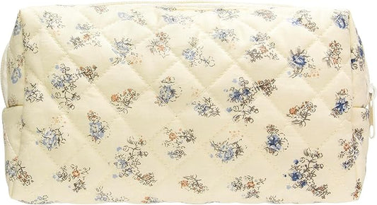 PAZIMIIK Vintage Quilted Makeup Bag Cosmetic Pouch for Brushes Pencils and Travel Make Up Accessories for Women and Girls Floral Blue